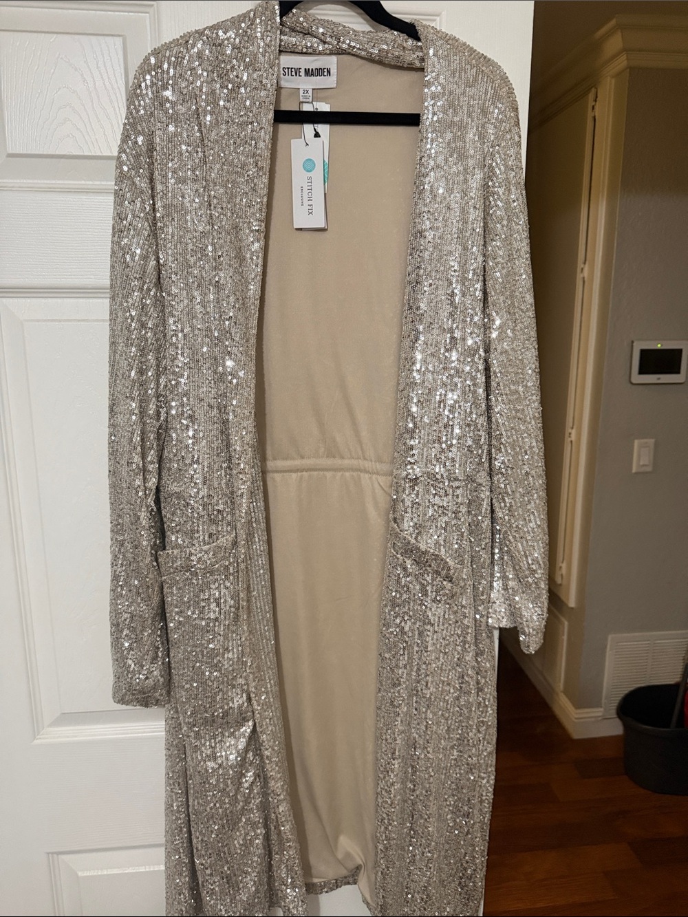 Steve Madden Silver Sequin Long Cardigan Coat Showstopper duster